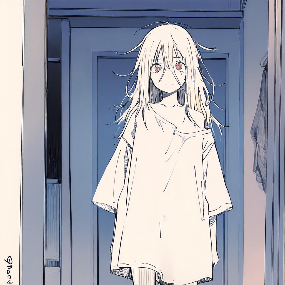 A detailed, messy-style sketch of a girl wearing an oversized shirt, featuring prominent linear hatching and texture, looking towards the viewer.