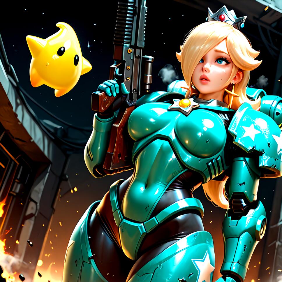 Princess Rosalina from Super Mario wearing detailed sci-fi power armor and holding a rifle on an alien battlefield with Luma on her shoulder.