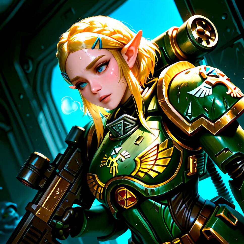 Princess Zelda from The Legend of Zelda wearing heavy, detailed sci-fi power armor and holding a rifle on an alien planet.