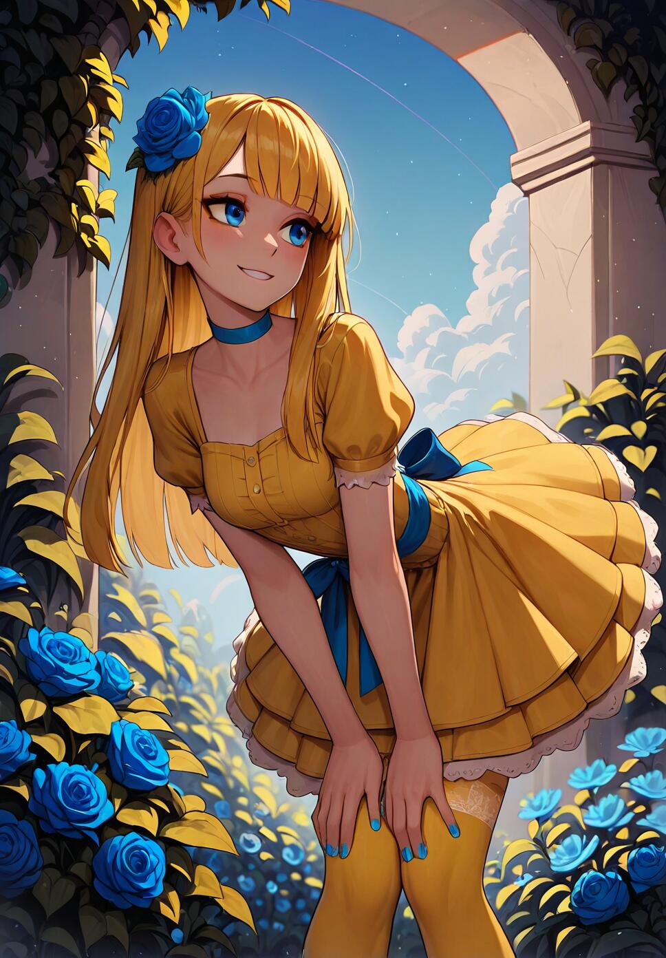A smiling woman with long yellow hair and blue eyes wearing a yellow and blue layered dress, posing in a garden under a clear sky.