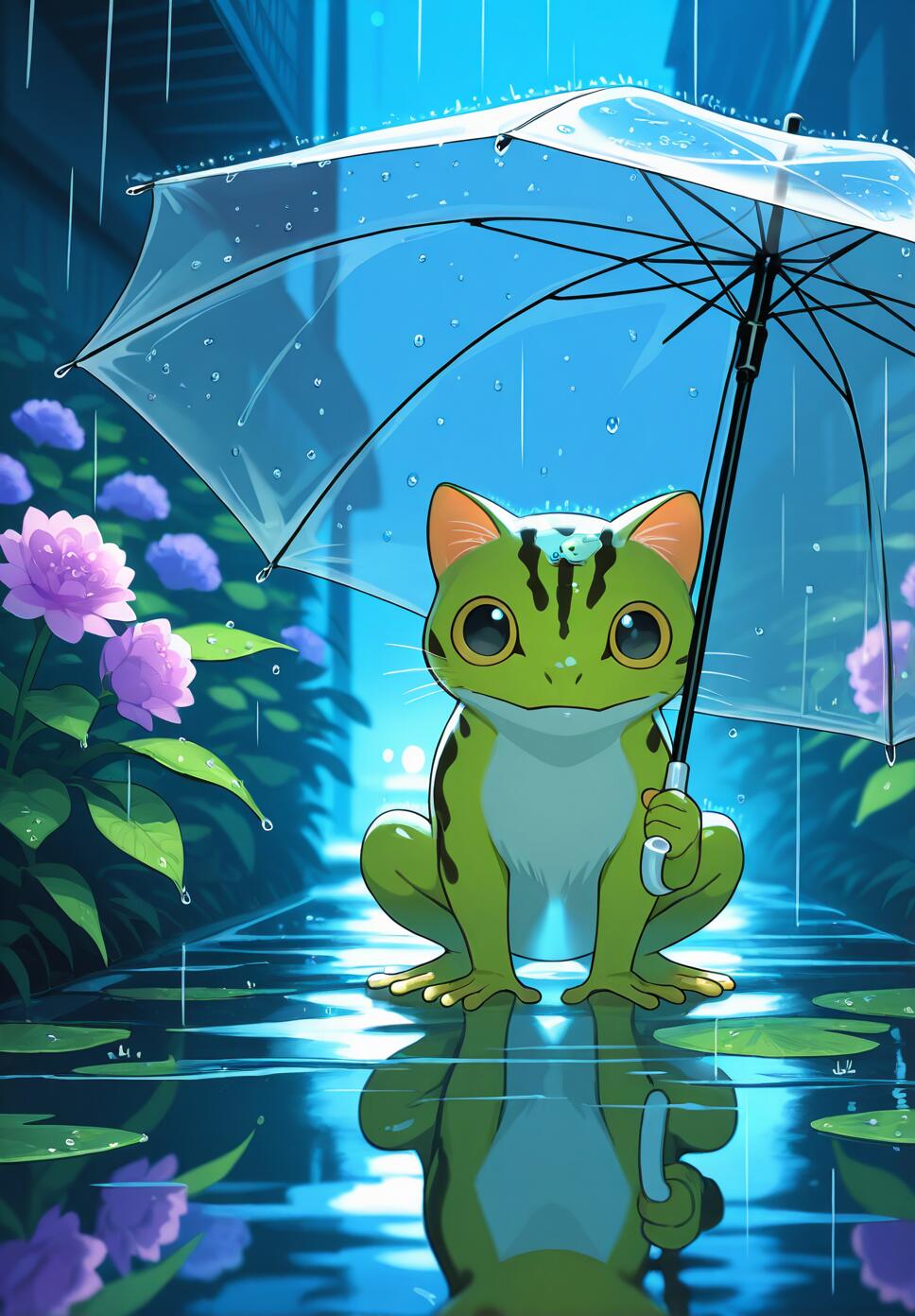 A flat vector illustration of a cute frog holding a transparent umbrella under the rain, surrounded by pink and purple flowers and reflective water at night.