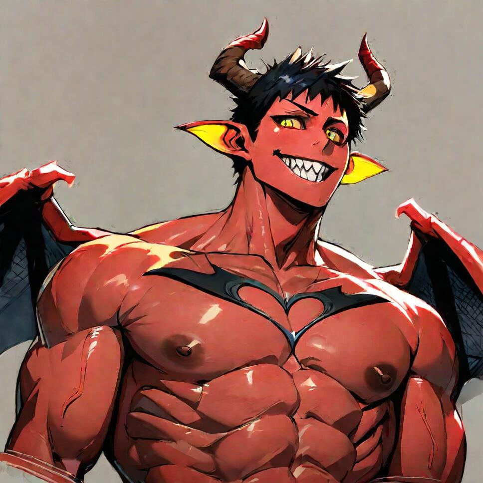A muscular red-skinned demon boy with horns, wings, and sharp teeth smiling at the viewer.