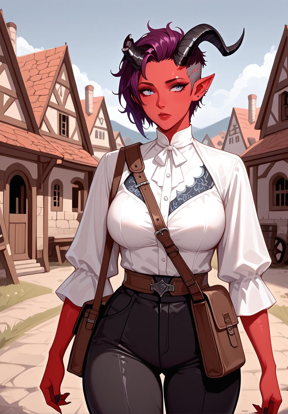 A tiefling girl with red skin, purple undercut hair, and black horns standing in a fantasy village.