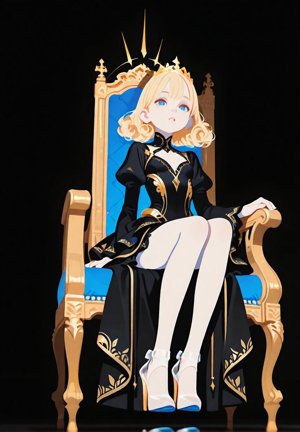 A young woman with curly blonde hair and a golden tiara sitting on a throne, wearing a black dress with gold trim in a dark, cinematic environment.