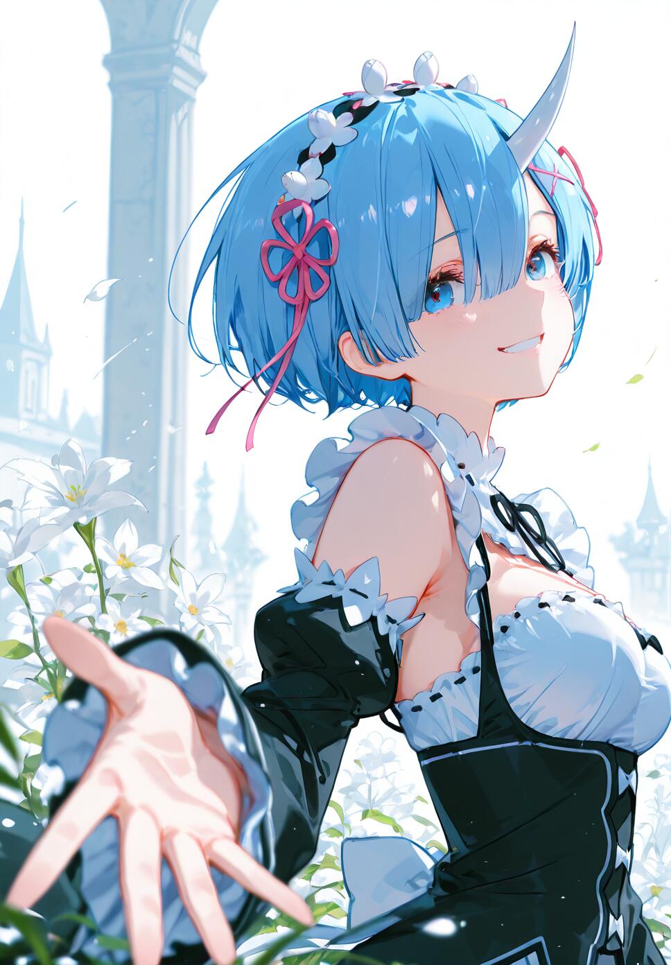 Rem from Re:Zero wearing a black maid uniform, smiling and reaching toward the viewer with blue hair and a single horn, surrounded by white flowers.