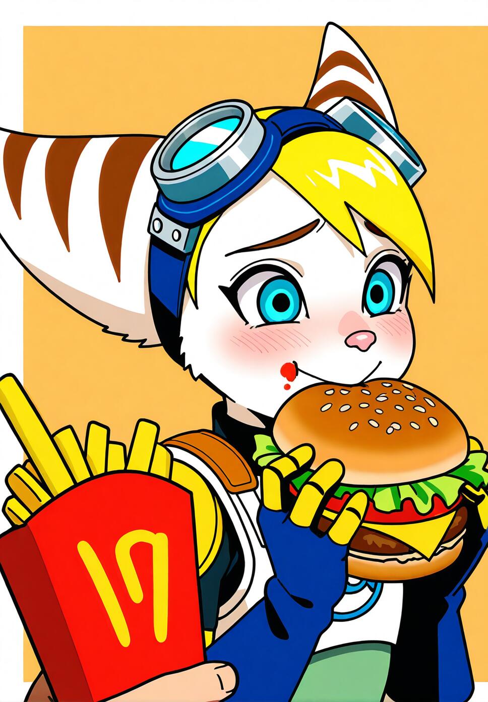 Rivet from Ratchet & Clank eating a burger and fries with a shy, blushing expression.