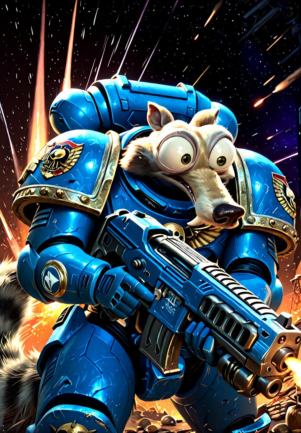 Scrat from Ice Age wearing heavy power armor and firing a heavy bolter on a battlefield.