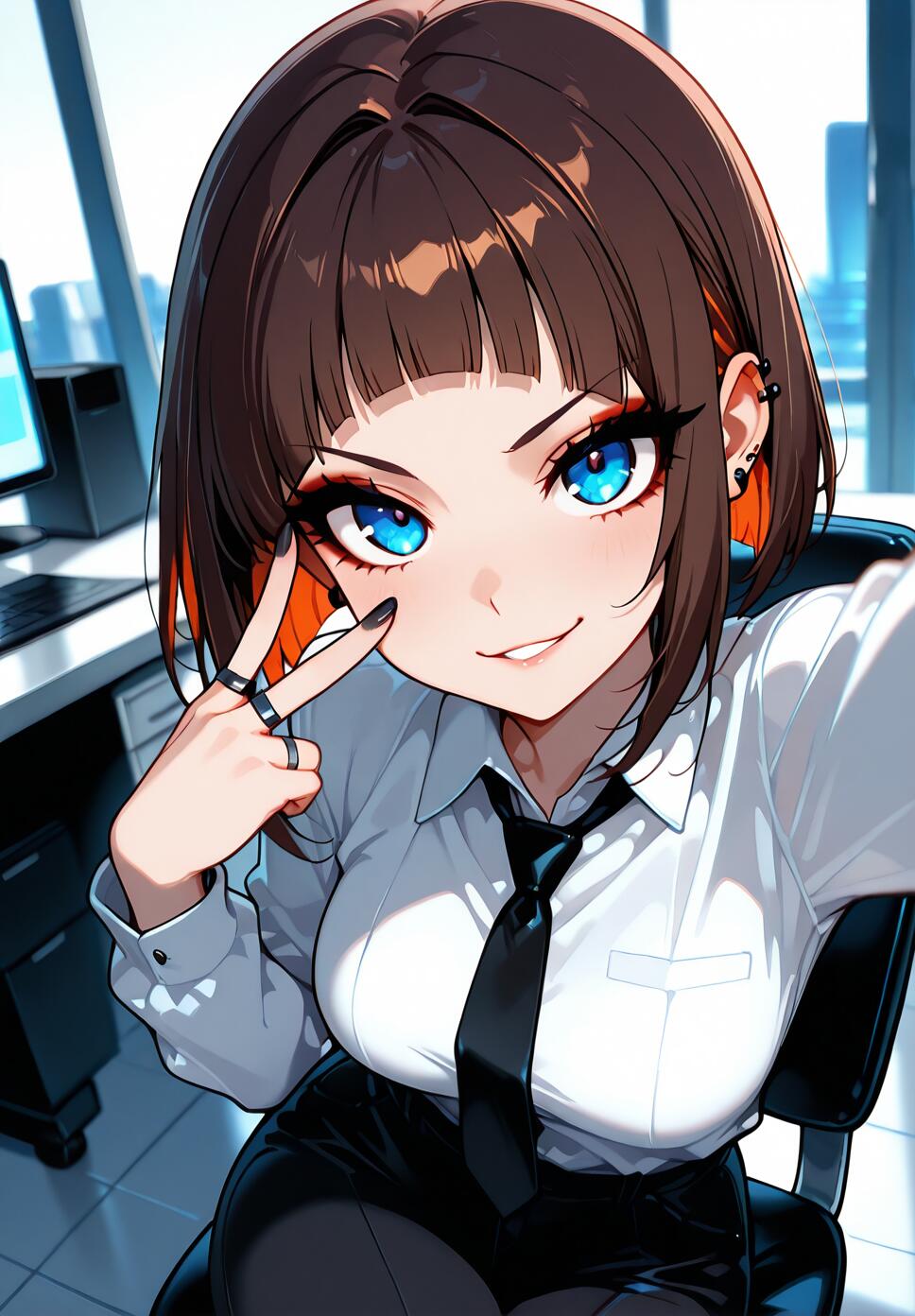 Close-up digital art of a girl with brown and red bob hair, blue eyes, wearing a white shirt and black tie in an office setting, looking at the viewer with a smirk.
