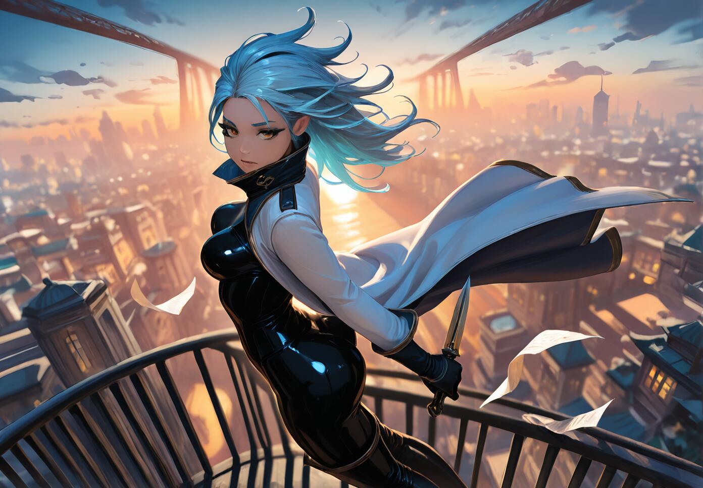 A girl with long light blue hair and yellow eyes holding a dagger on a sky bridge overlooking a floating city at sunset.