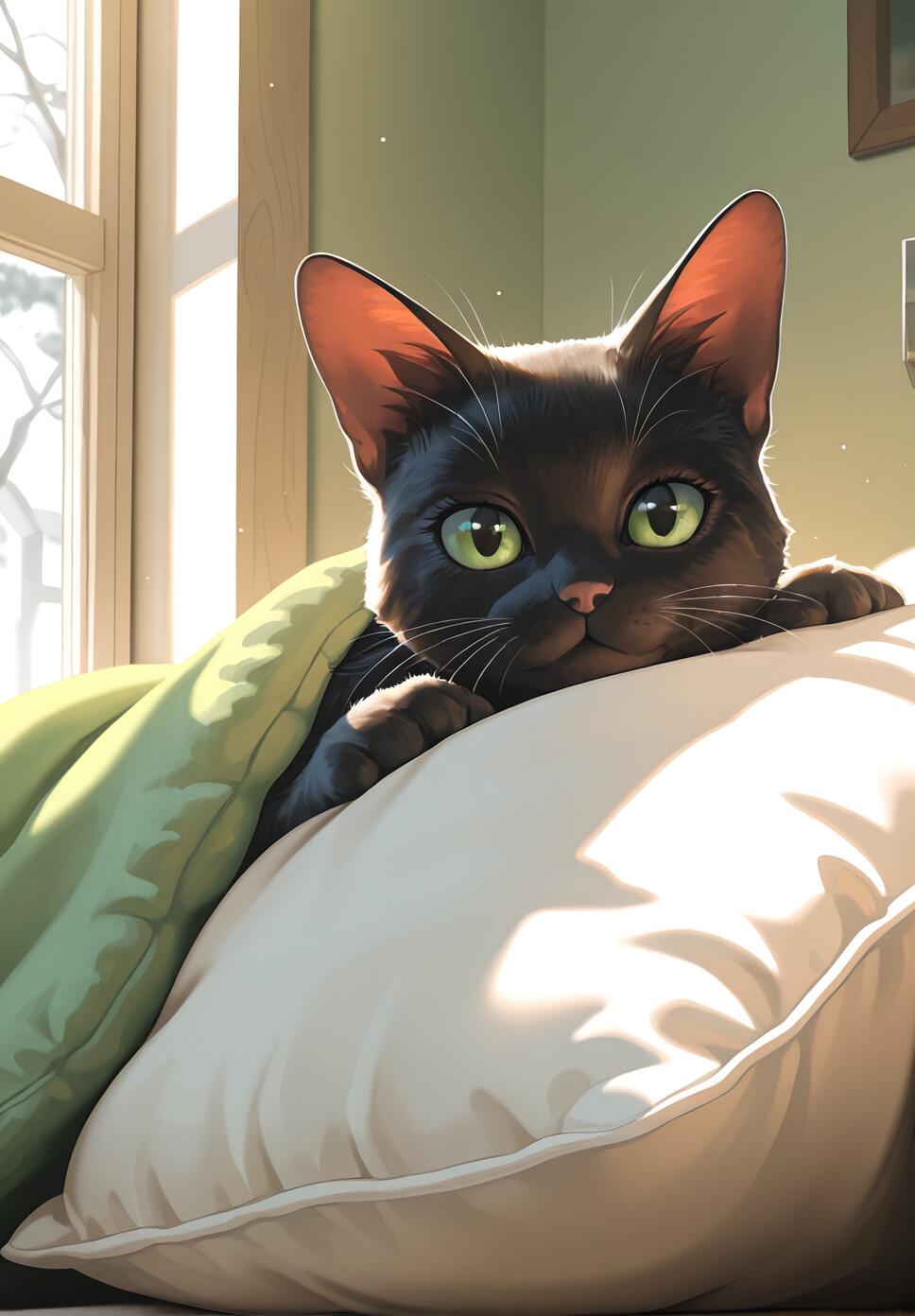 A cute black cat looking out a window at birds, resting on a pillow with a pastel green blanket nearby.