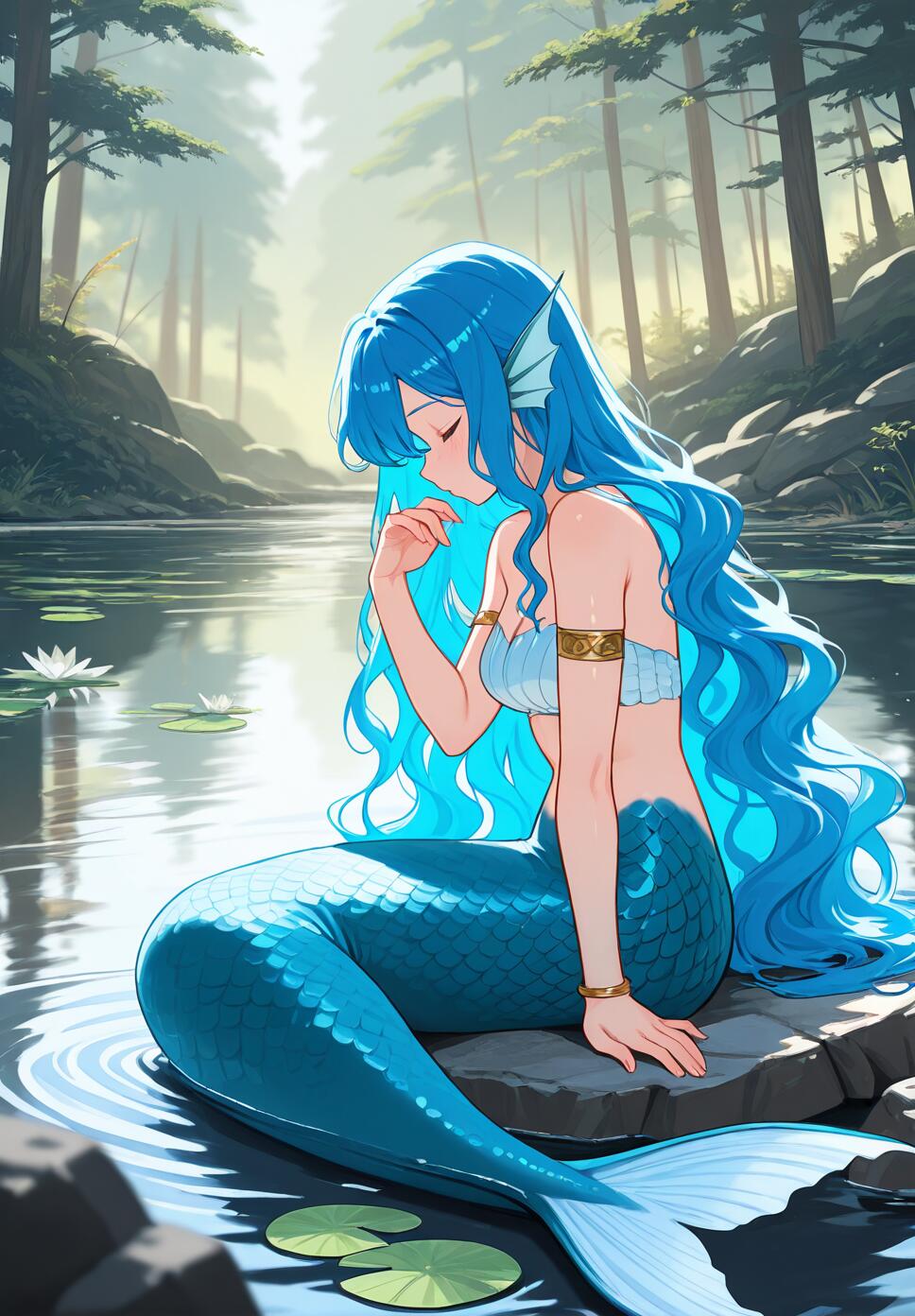 A flat vector illustration of a blue-haired mermaid with scales and fins sitting in a serene forest lake surrounded by lily pads.