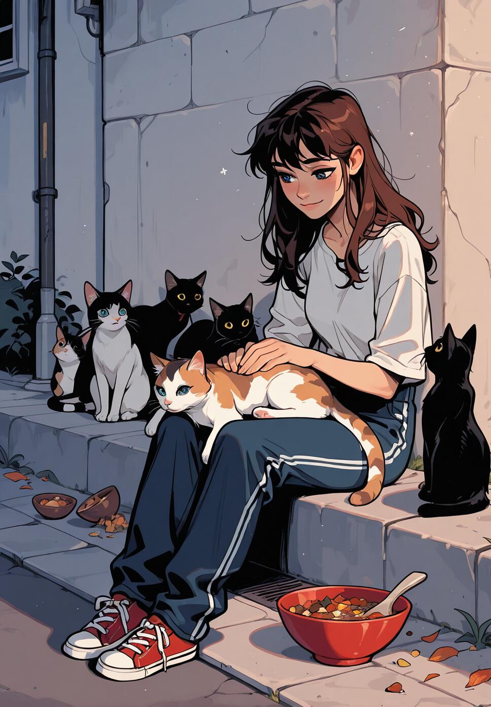 An emotional illustration of a young girl with disheveled brown hair and blue eyes sitting on a city sidewalk, surrounded by many cats and petting one.