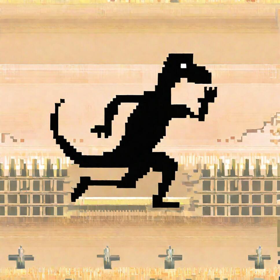 Monochrome pixel art of a semi-anthro black dinosaur running through a desert with cacti.