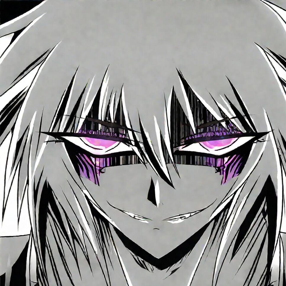 Close-up manga illustration of a girl with an evil grin, featuring monochrome tones with color accents and heavy shadows obscuring her eyes.