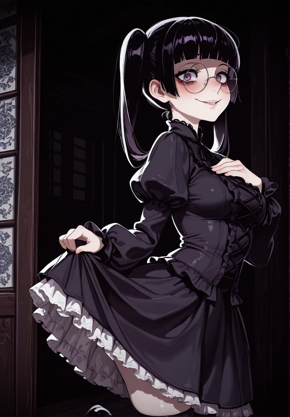 A girl with black twintails, round glasses, and dark purple eyes staring intensely with a manic expression, wearing black frilled gothic attire in a dark, dilapidated room.