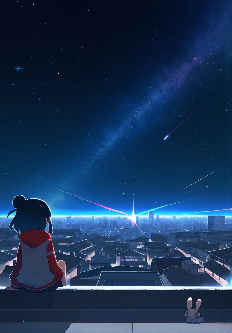Shino from Yaruki Nai Yatsu sitting on a rooftop overlooking a magnificent starry night sky and cityscape.