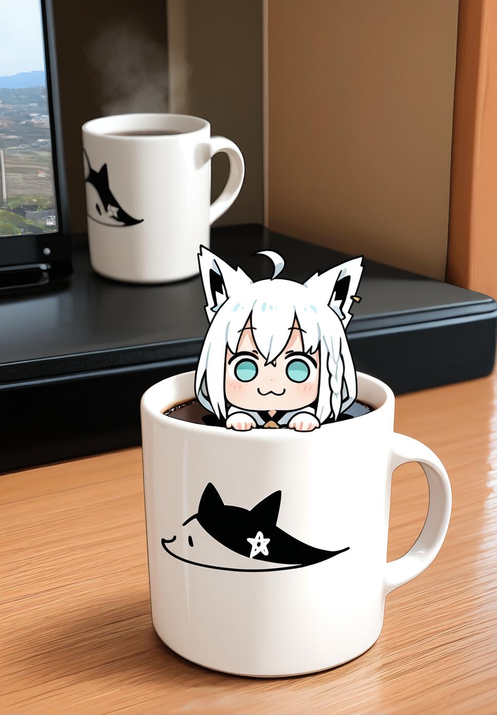 Shirakami Fubuki from Hololive sitting with a coffee mug and a cute expression.