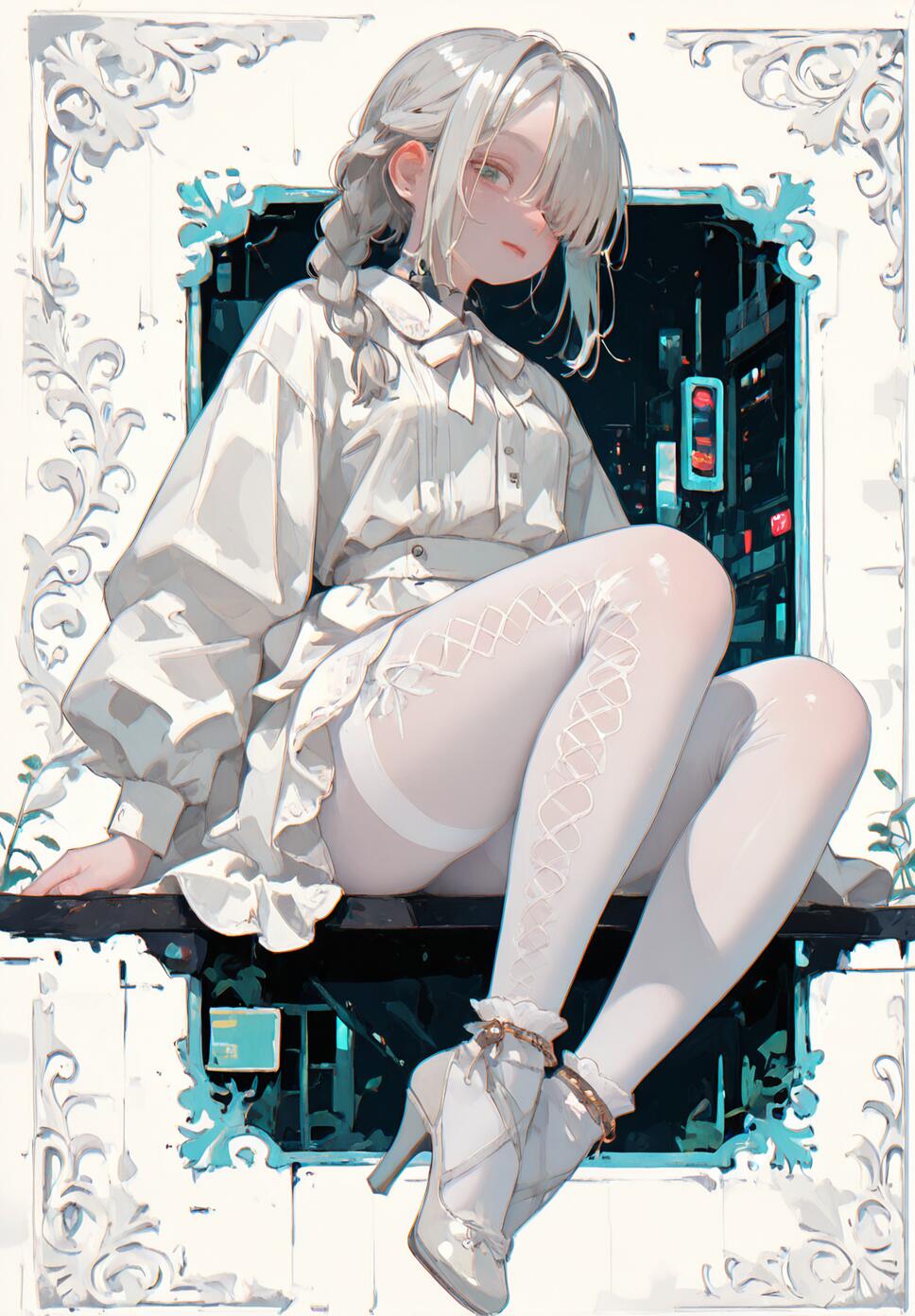 A woman with silver braided hair and green eyes, wearing Victorian lace clothing and white tights, posing in a neon-lit cyberpunk city at night.