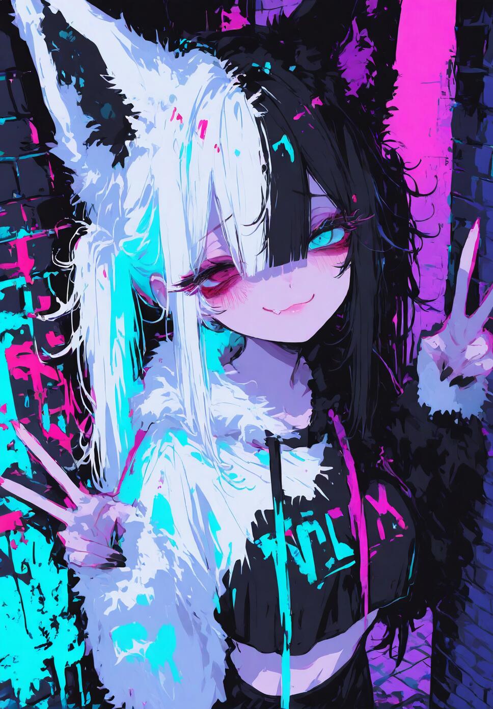 Close-up of a smug fox girl with black and white twintails and heterochromia eyes, wearing a holographic crop top, leaning against a graffiti brick wall in a night alley.