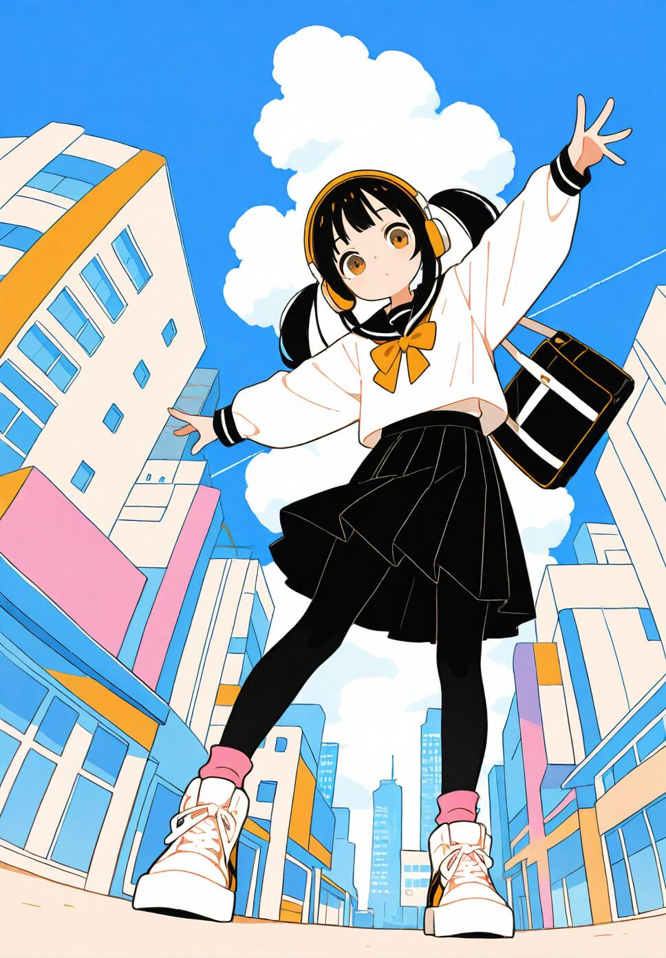 A girl with black twintails in a school uniform spreading her arms under a blue sky in a city.