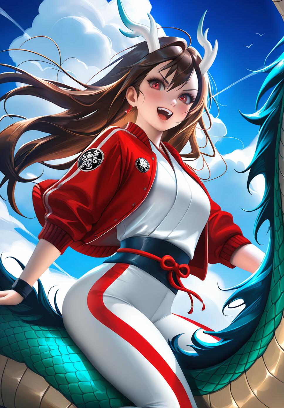 A girl with long brown hair and red eyes riding a glowing eastern dragon through a bright blue sky with clouds.