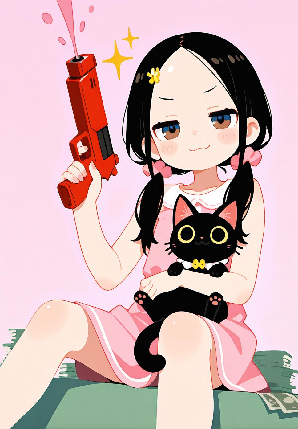 A smug girl with black low twintails and a pink dress, holding money and a red toy gun with a black cat nearby.