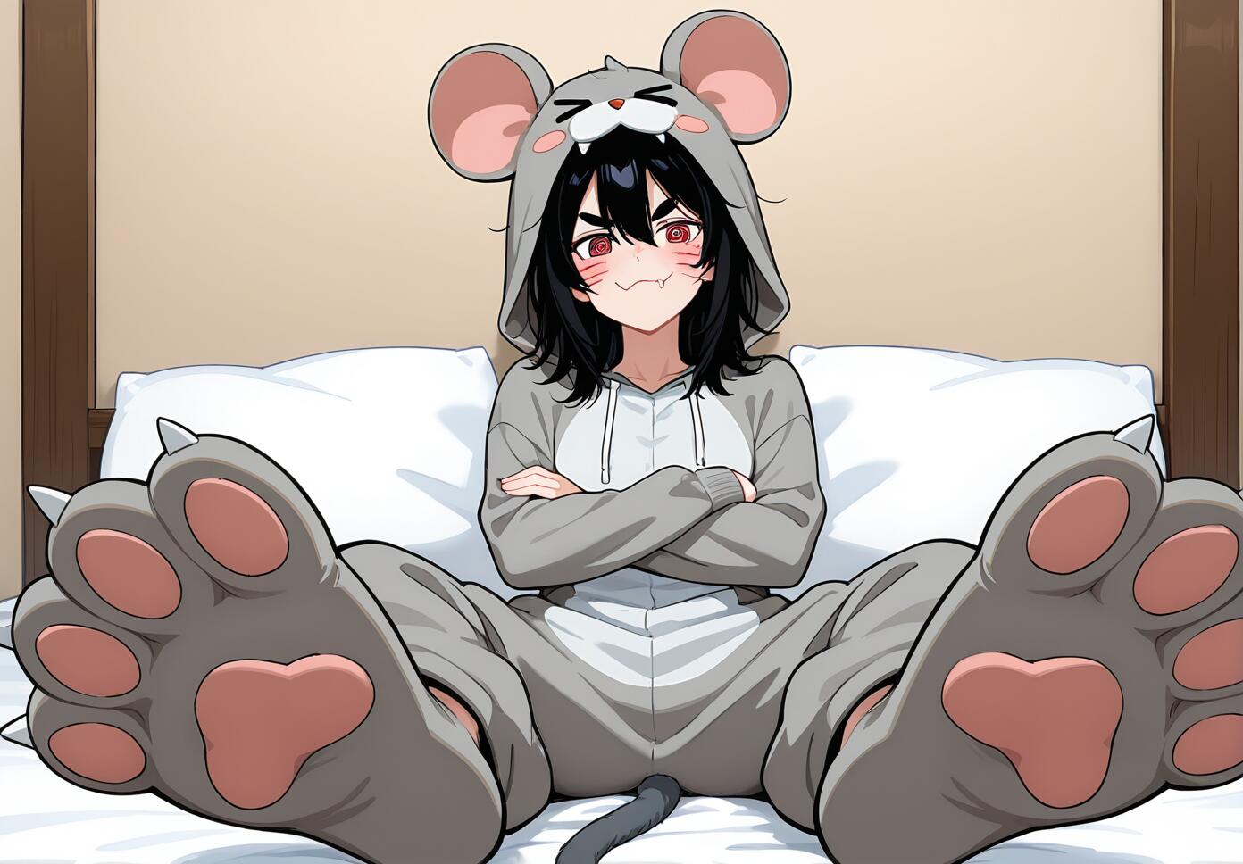 A girl in a grey mouse kigurumi with red eyes and black hair reclining on a bed wearing paw shoes.