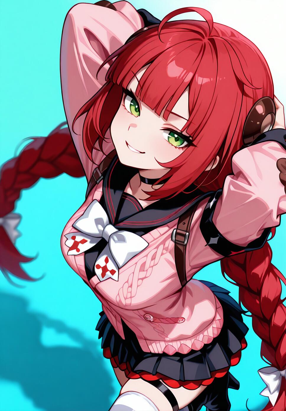 Digital art of a smug girl with red hair, green eyes, and a pink cardigan in a dynamic pose.