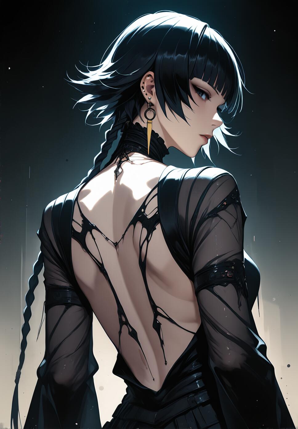 Digital painting of Soifon from Bleach, showing her from behind in a backless gown with a piercing gaze, surrounded by dark particles and glitch effects in a gothic style.