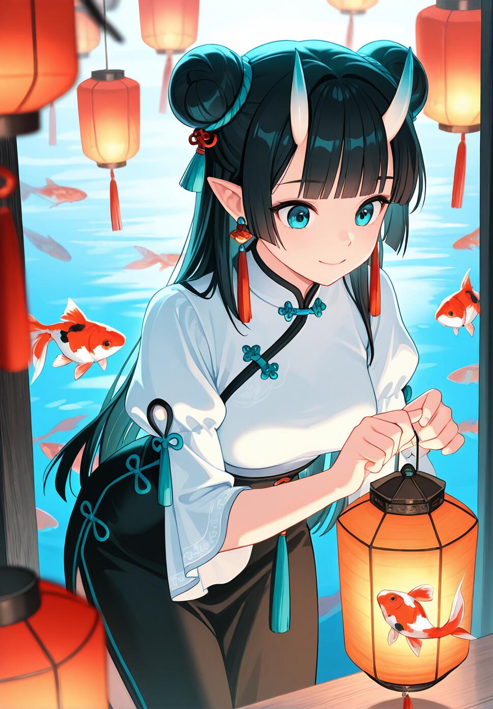 A girl with horns and black hair in double buns, wearing a white and black Chinese outfit, looking at a paper lantern with koi fish.