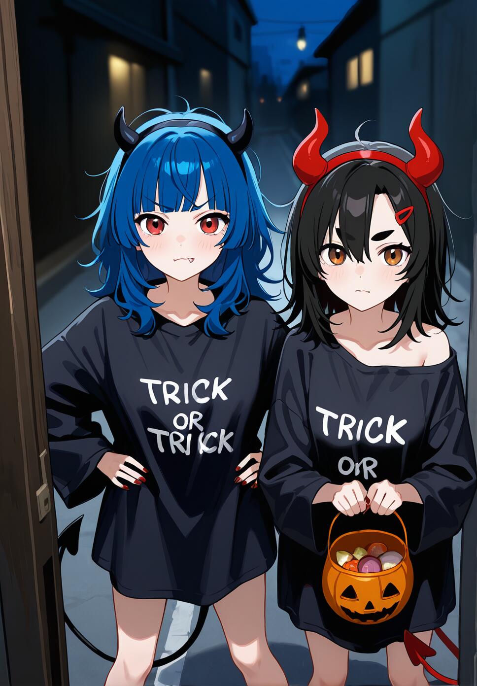 Two girls in demon cosplay standing at a doorway at night; one with black hair and red eyes, the other with blue hair holding a Halloween bucket.