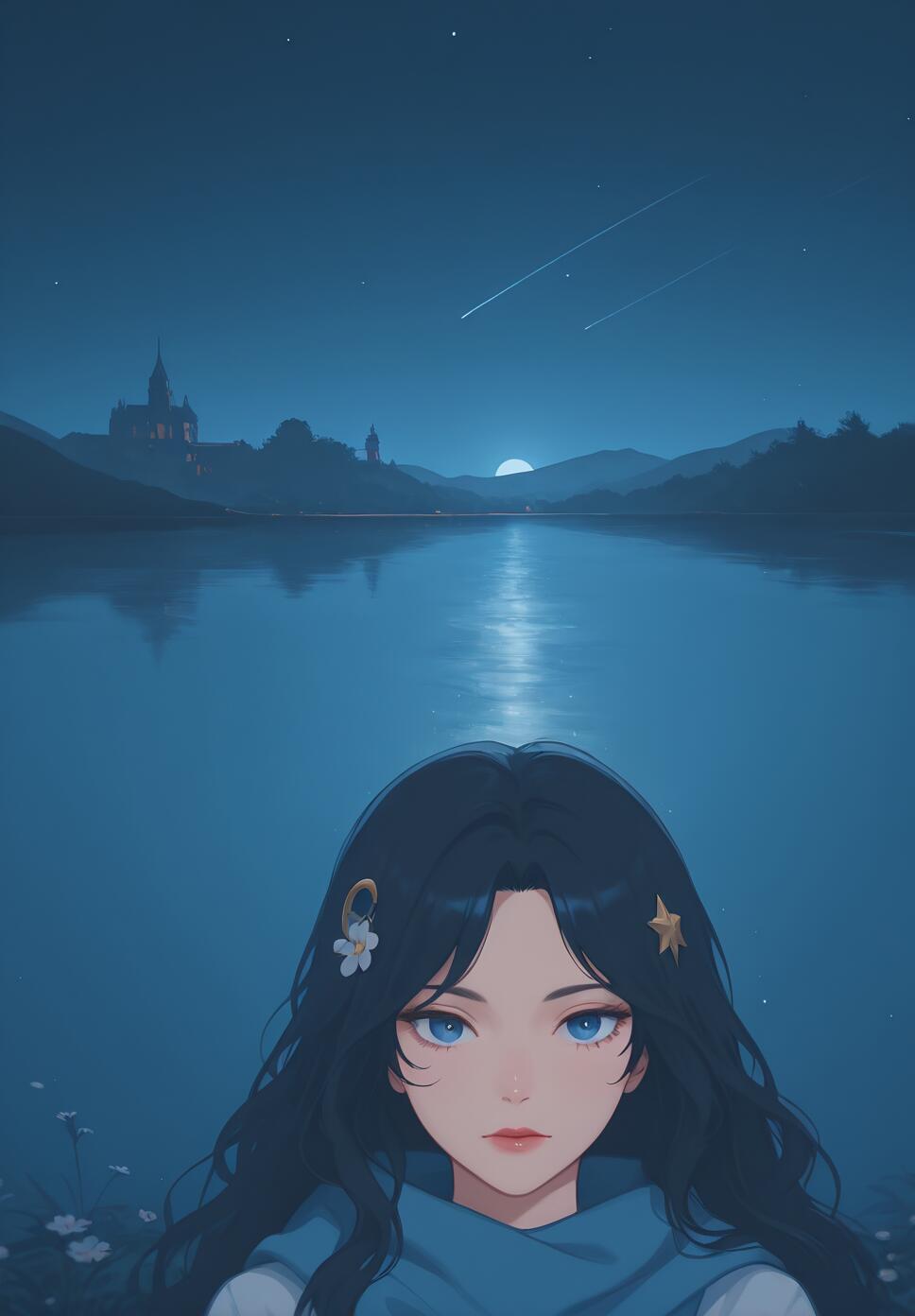 Flat vector illustration of a girl with black hair and blue eyes under a starry night sky with a crescent moon, planets, and a castle by a lake.