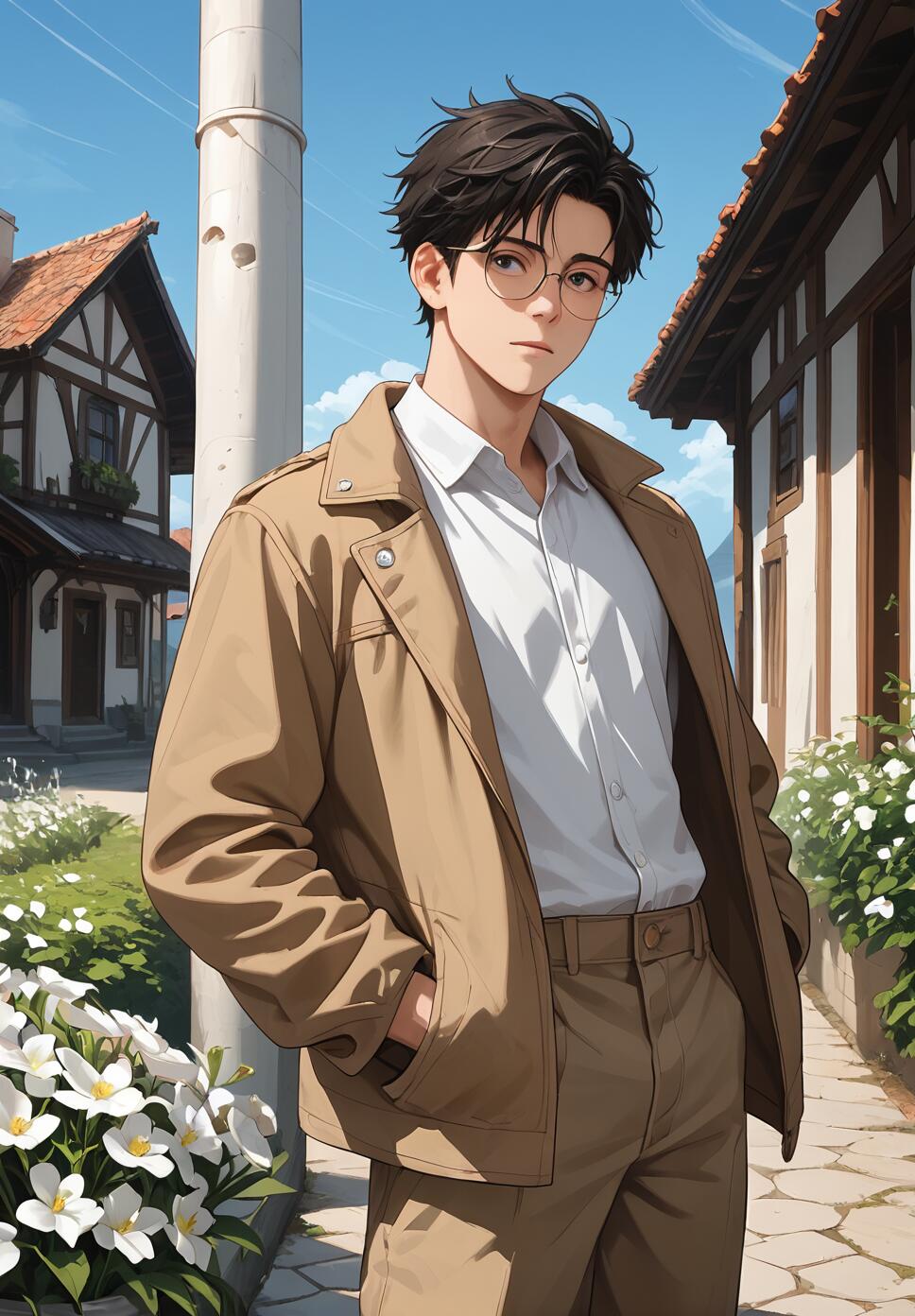 A young Korean man wearing a beige bomber jacket and round glasses, holding a bouquet of white flowers against a bright blue sky.