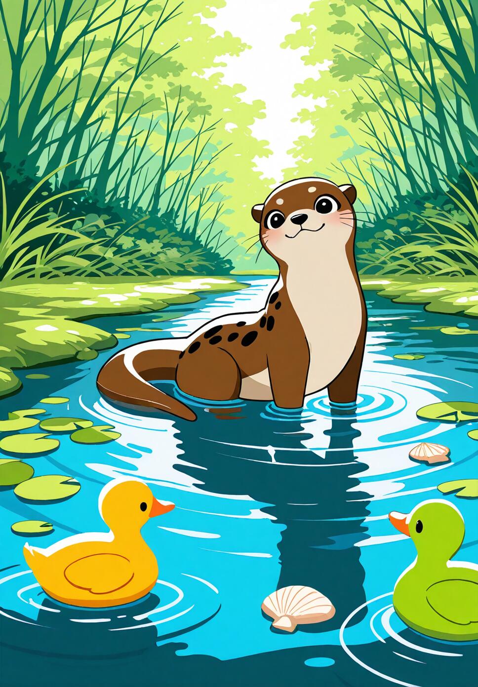 A cute brown otter holding a seashell and a cheerful yellow duck swimming together in a sunlit pond with a red butterfly and lush greenery.