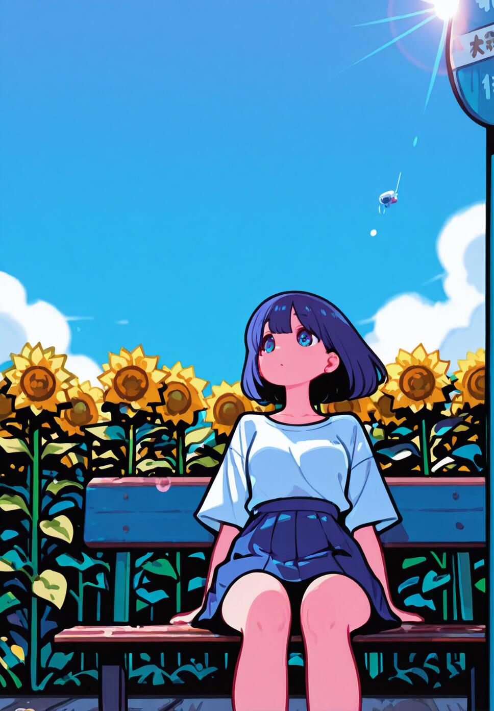A flat vector illustration of a girl sitting on a bench at a rural Japanese bus stop, surrounded by large sunflowers under a bright, sunlit blue sky.