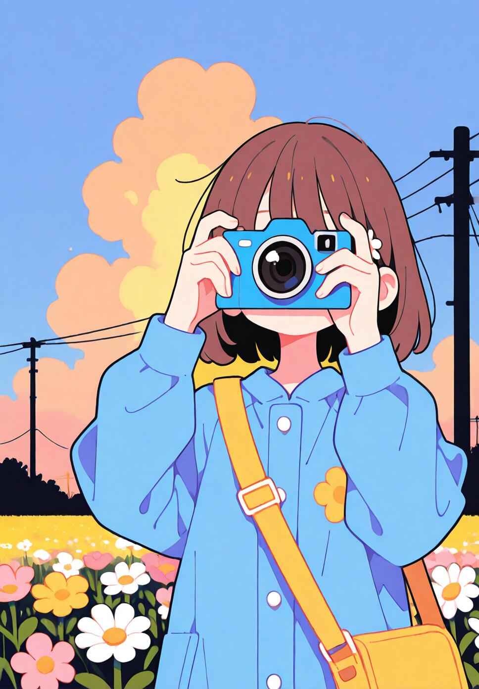 Flat vector illustration of a girl with brown hair holding a camera in a vibrant flower field during sunset.