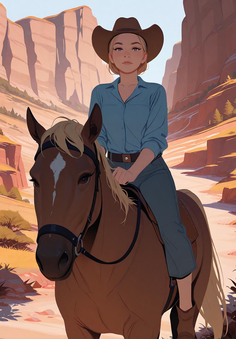 A blonde middle-aged woman in a cowboy hat riding a horse through a sunlit canyon landscape.