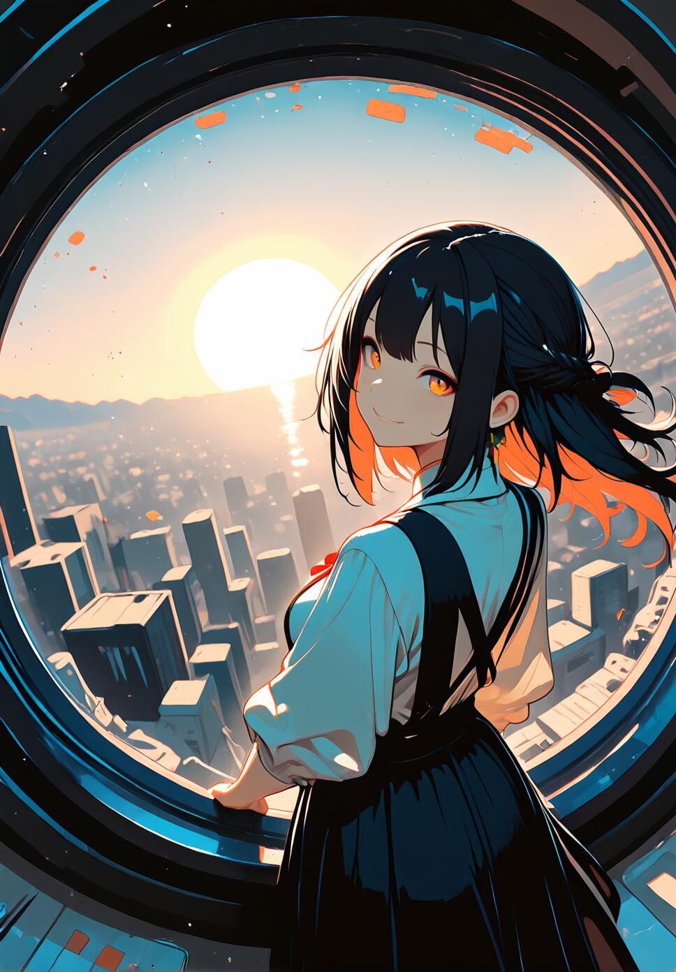 A high-angle, fisheye shot of a smiling mature woman looking back, featuring sun rays, backlighting, and colorful inner hair layers.