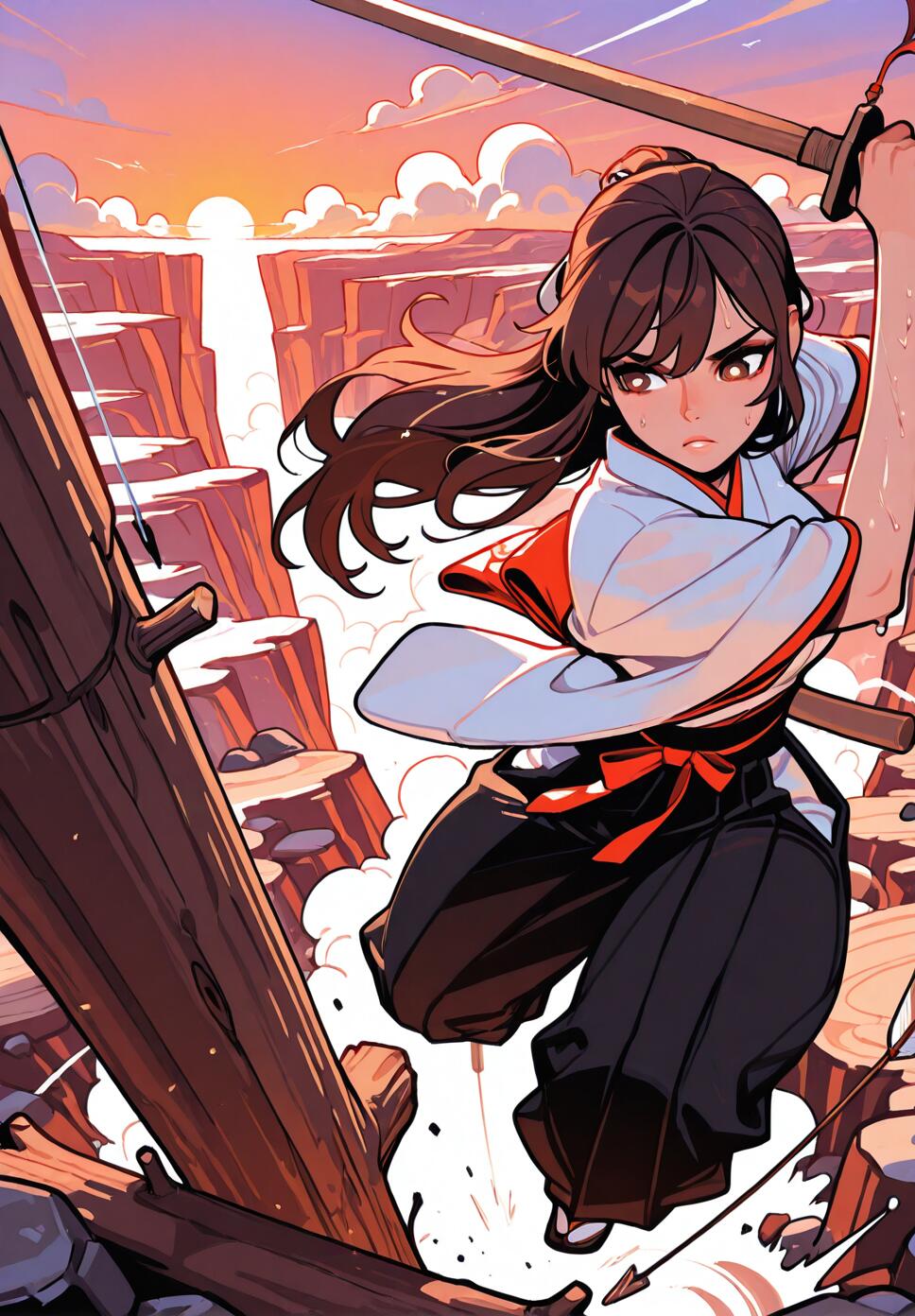 A woman in traditional Japanese clothing practicing sword skills on a log in a canyon during sunset.