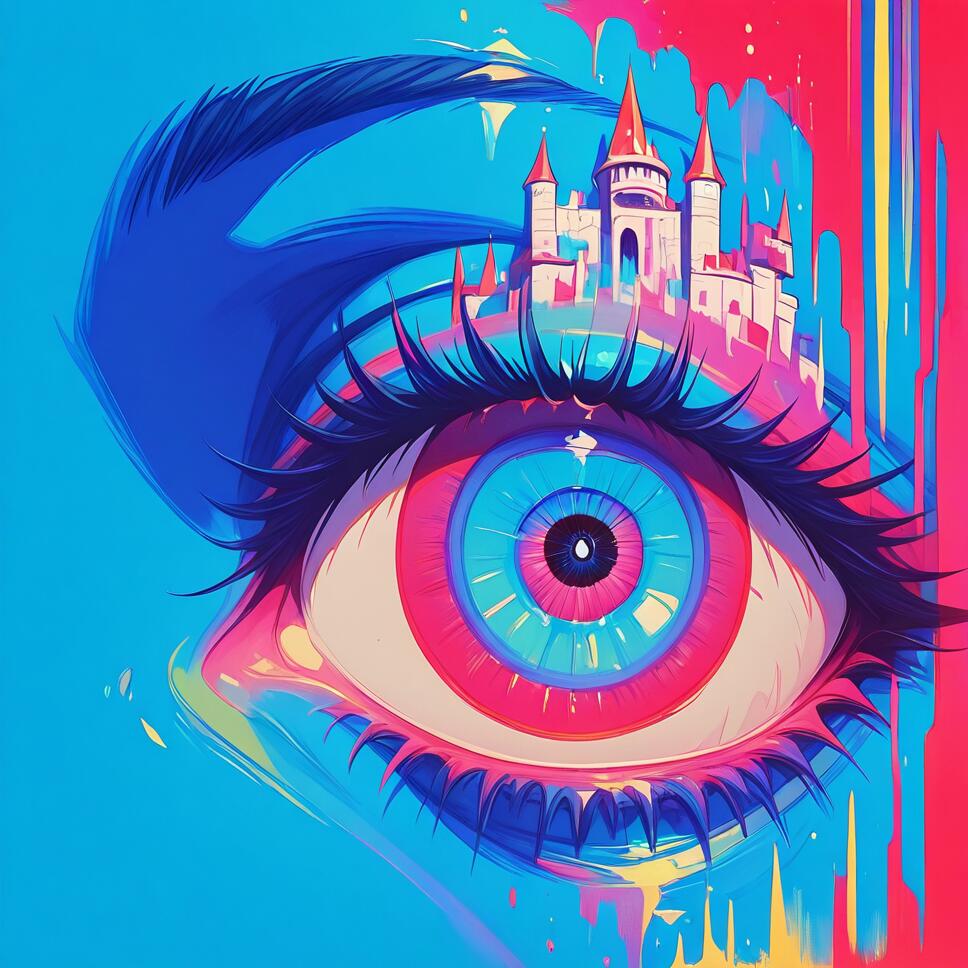 A macro close-up of an eye reflecting a distant castle and a red banner within a surreal blue-themed landscape.