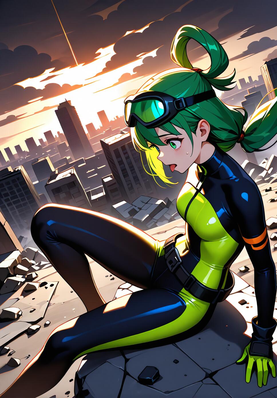 A girl with green hair and green eyes wearing a tactical bodysuit and goggles, sitting on rubble in a destroyed, post-apocalyptic city.