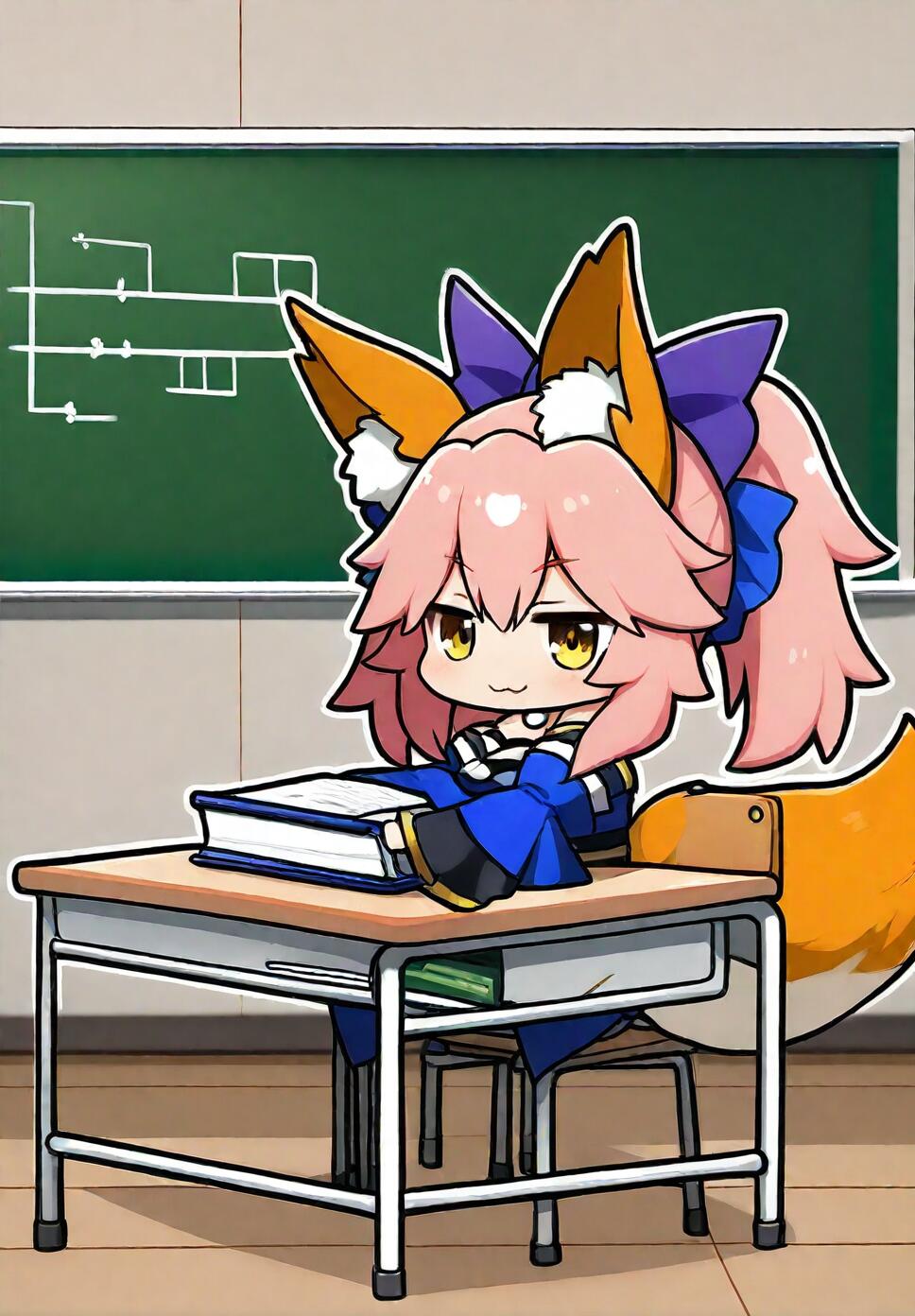 Chibi Tamamo-no-Mae from the Fate series sitting in a classroom with a book and math equations in the background
