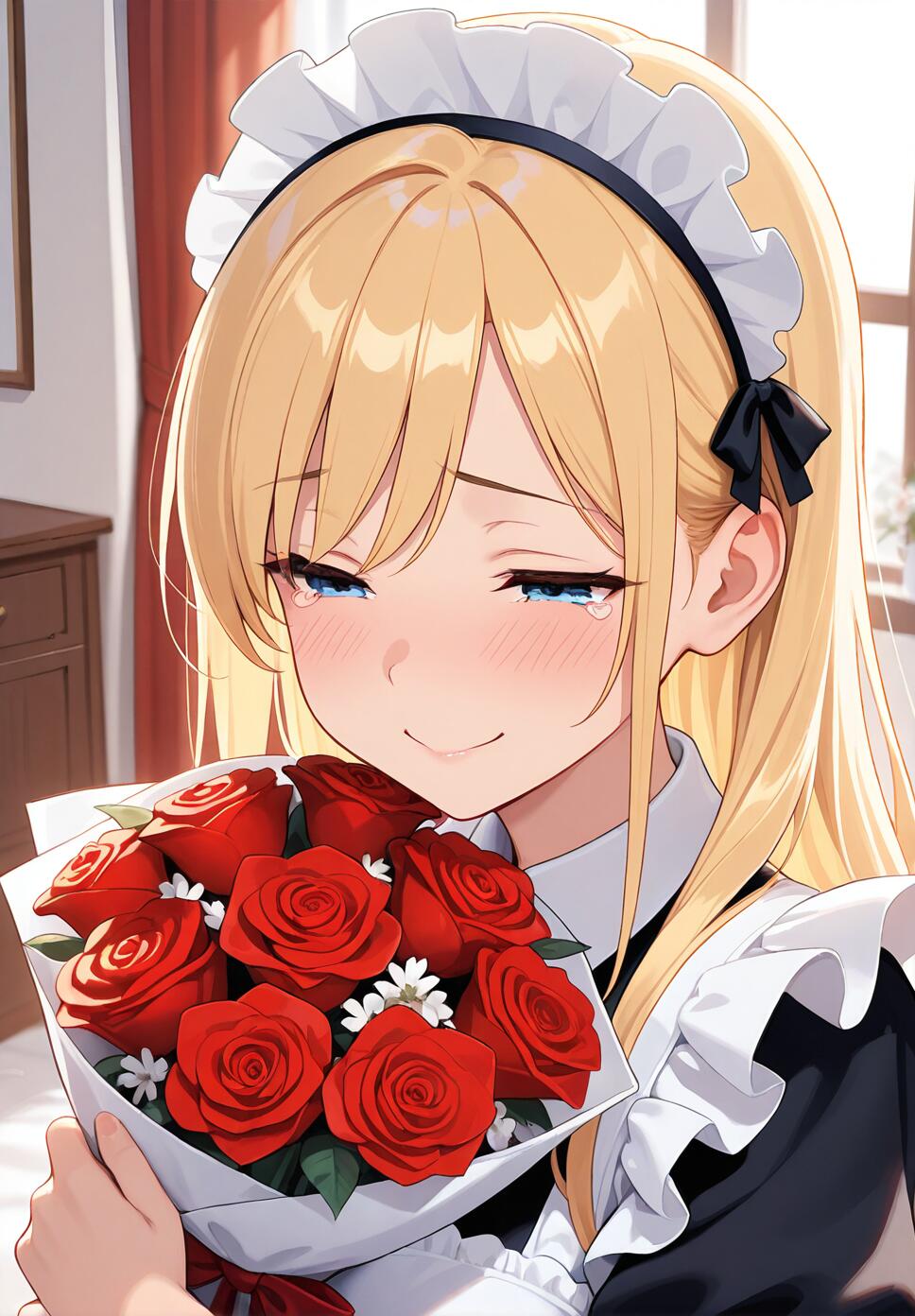 Close-up of a blonde maid with blue eyes, crying tears of joy while holding a bouquet of flowers during Valentine's Day.