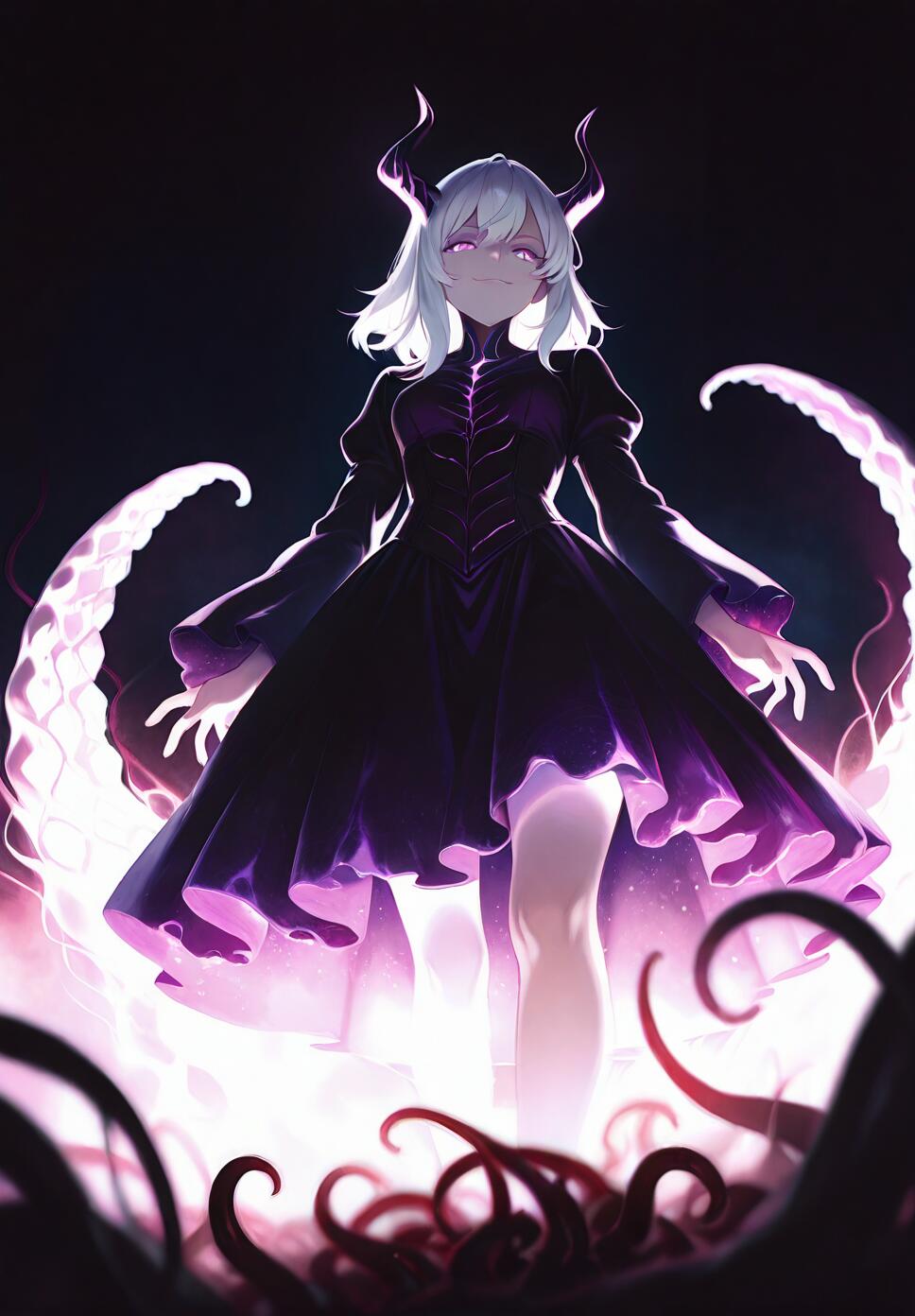 An abyssal goddess with dark skin, white hair, and purple eyes in a gothic pink and purple dress, surrounded by tentacles and psychedelic dark fractals.