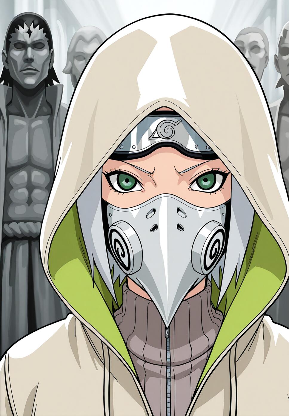 A close-up portrait of a serene figure in a plague doctor-style coat and silver filigree mask, standing in a dark, foggy ballroom.