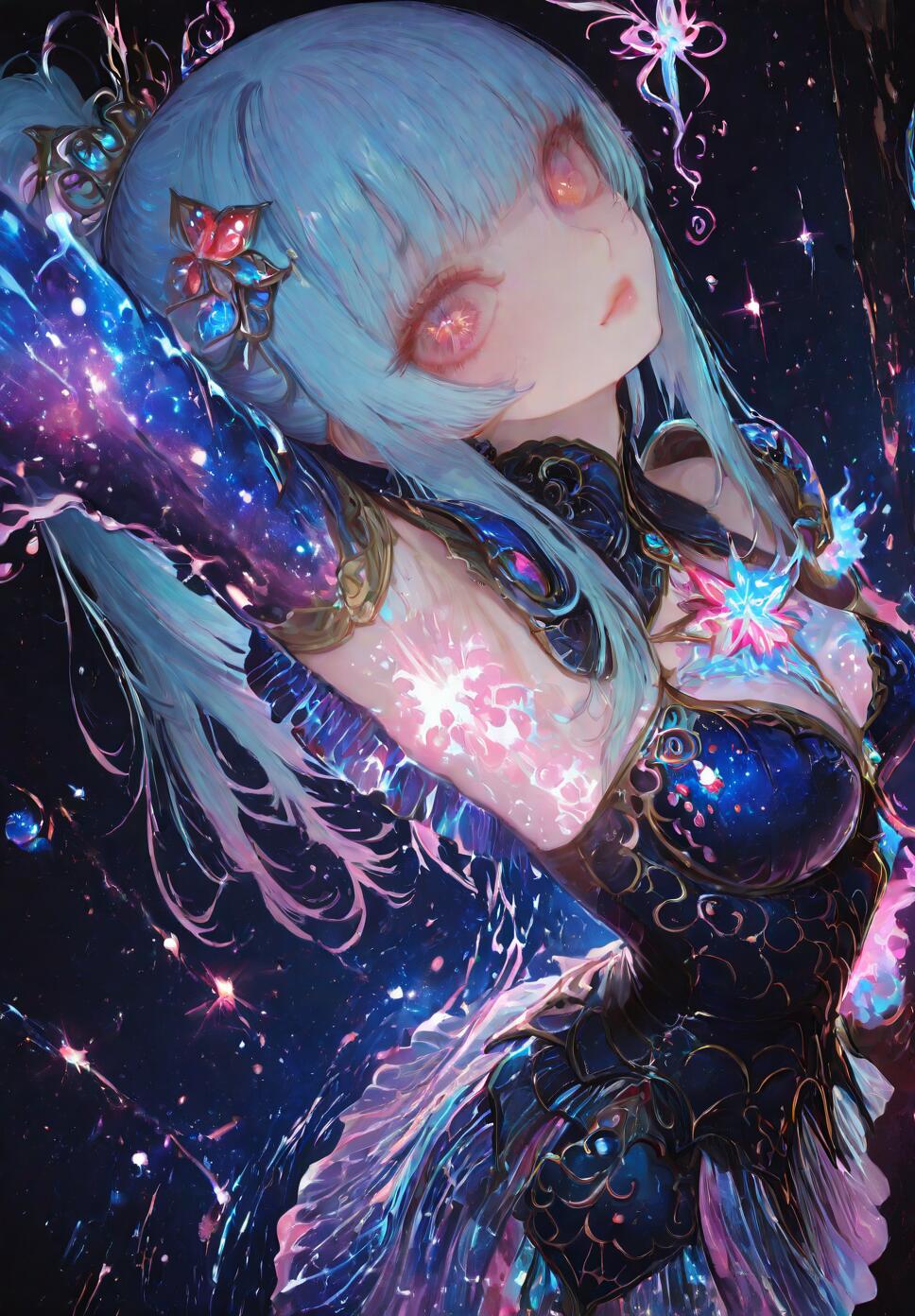 Close-up of an anime-style female summoner with blue hair and a blue flame sword, surrounded by pink fairy spirits and cosmic rings.