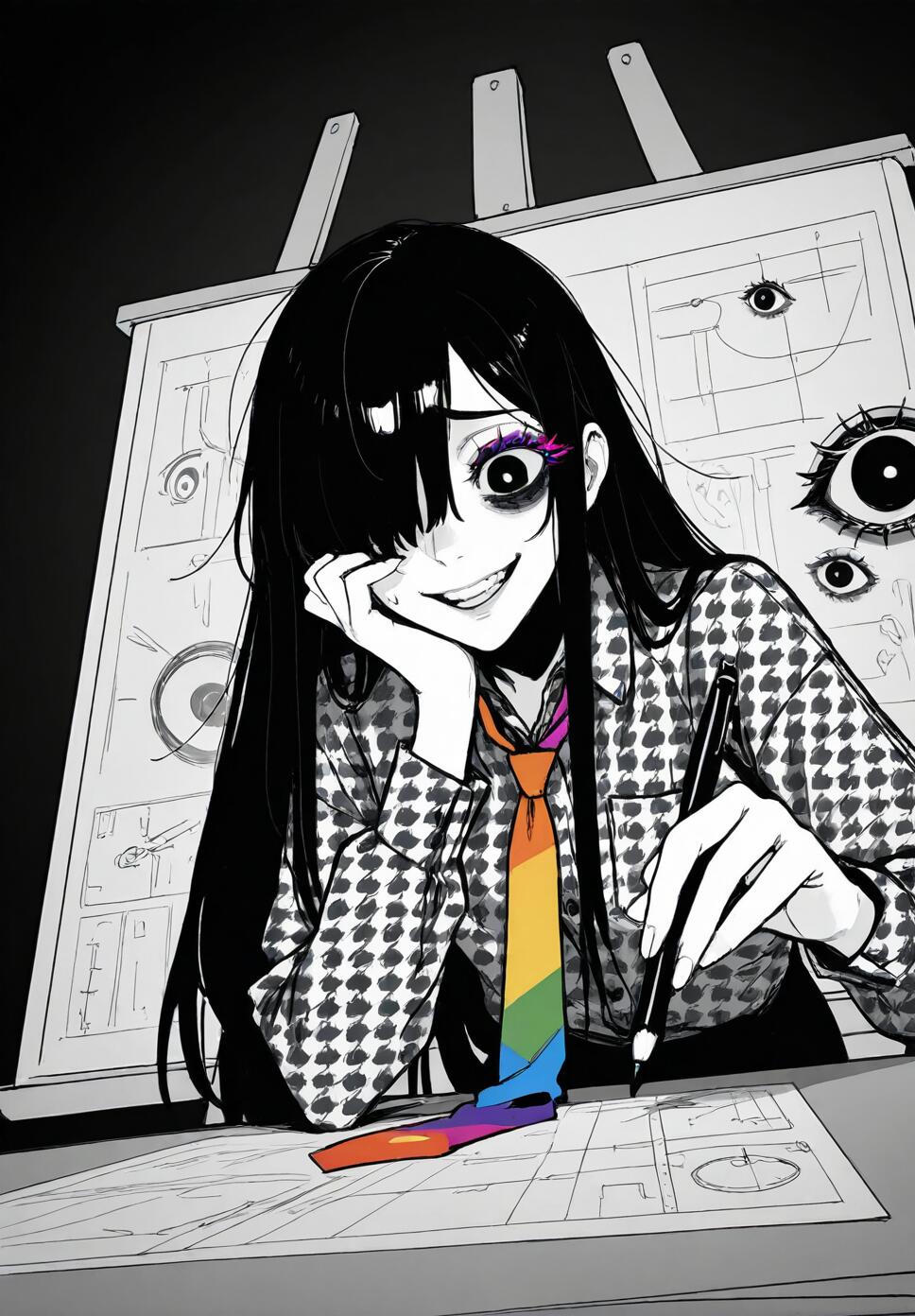 A Dutch angle close-up of an androgynous person with a manic smile, black eyes with white pupils, and long hair, leaning over a painting easel in a dark studio with a blueprint background.