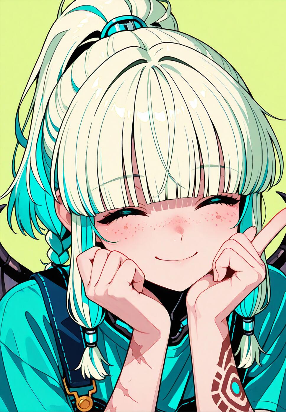 Close-up of a smiling girl with auburn braided hair, bat wings, and tribal tattoos wearing overalls.