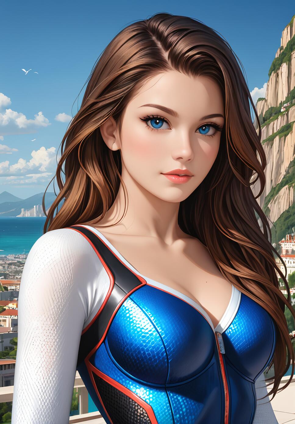 A detailed illustration of a beautiful whale-themed girl with striking eyes, posed dynamically amidst glowing particles and a cinematic ocean background.