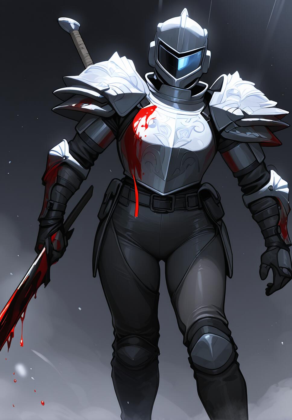 A highly detailed, dramatic portrait of a warrior in an ornate helmet, holding a blood-stained weapon under intense lighting.